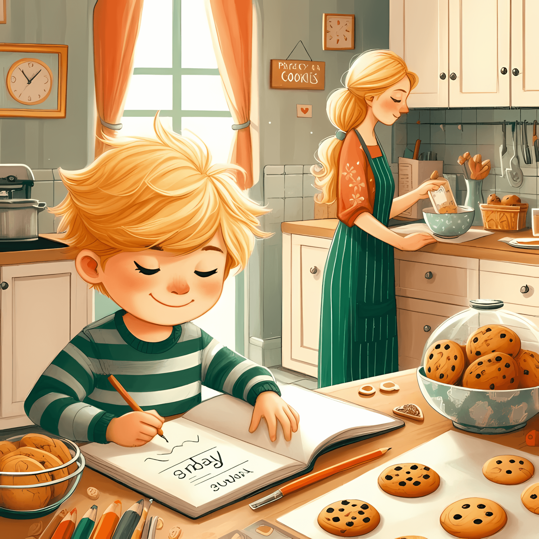 Leo and mom baking cookies together in warm cozy kitchen, creating happy family memories on Sunday