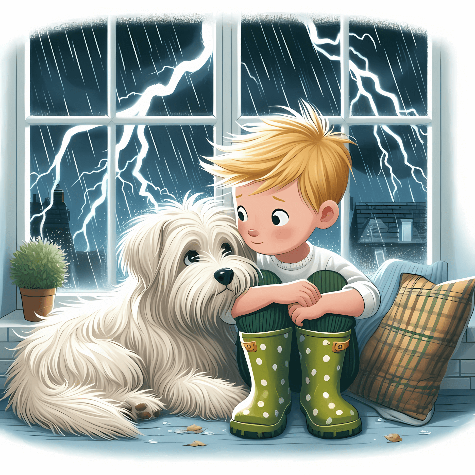Leo wearing green corduroy pants sitting by rainy window, comforting his dog Buddy during thunderstorm