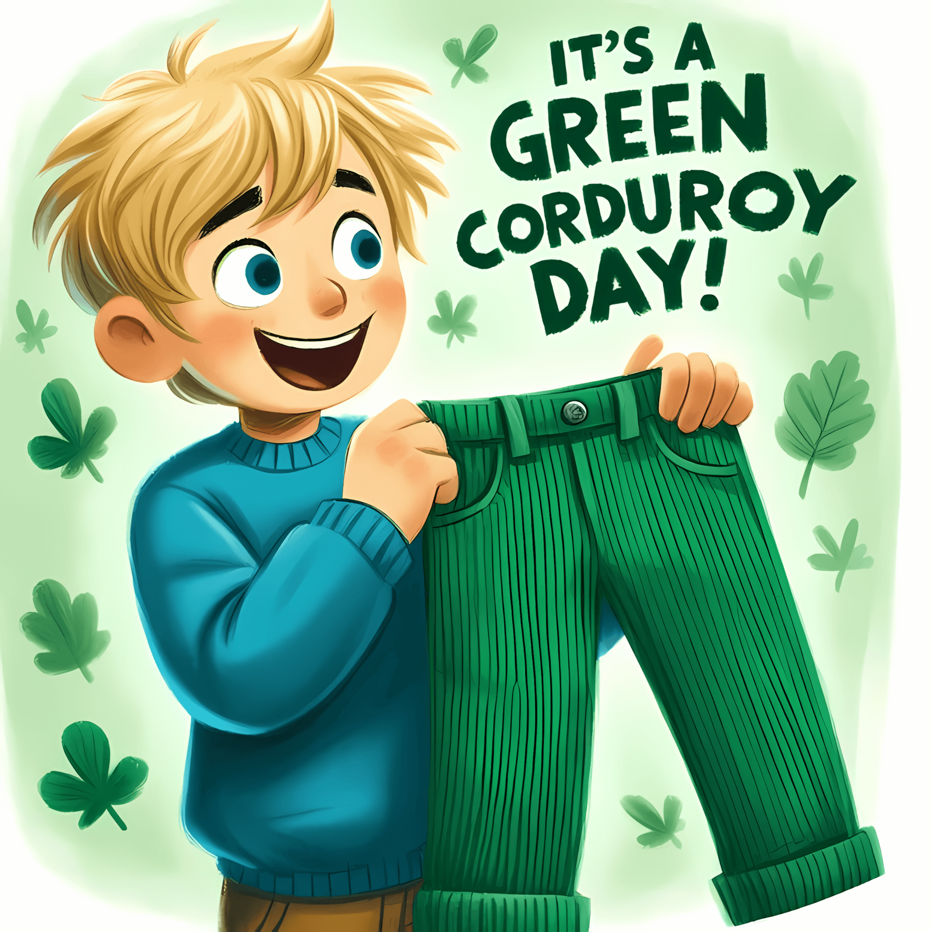 Leo looking thoughtfully at his green corduroy pants, remembering happy memories and adventures