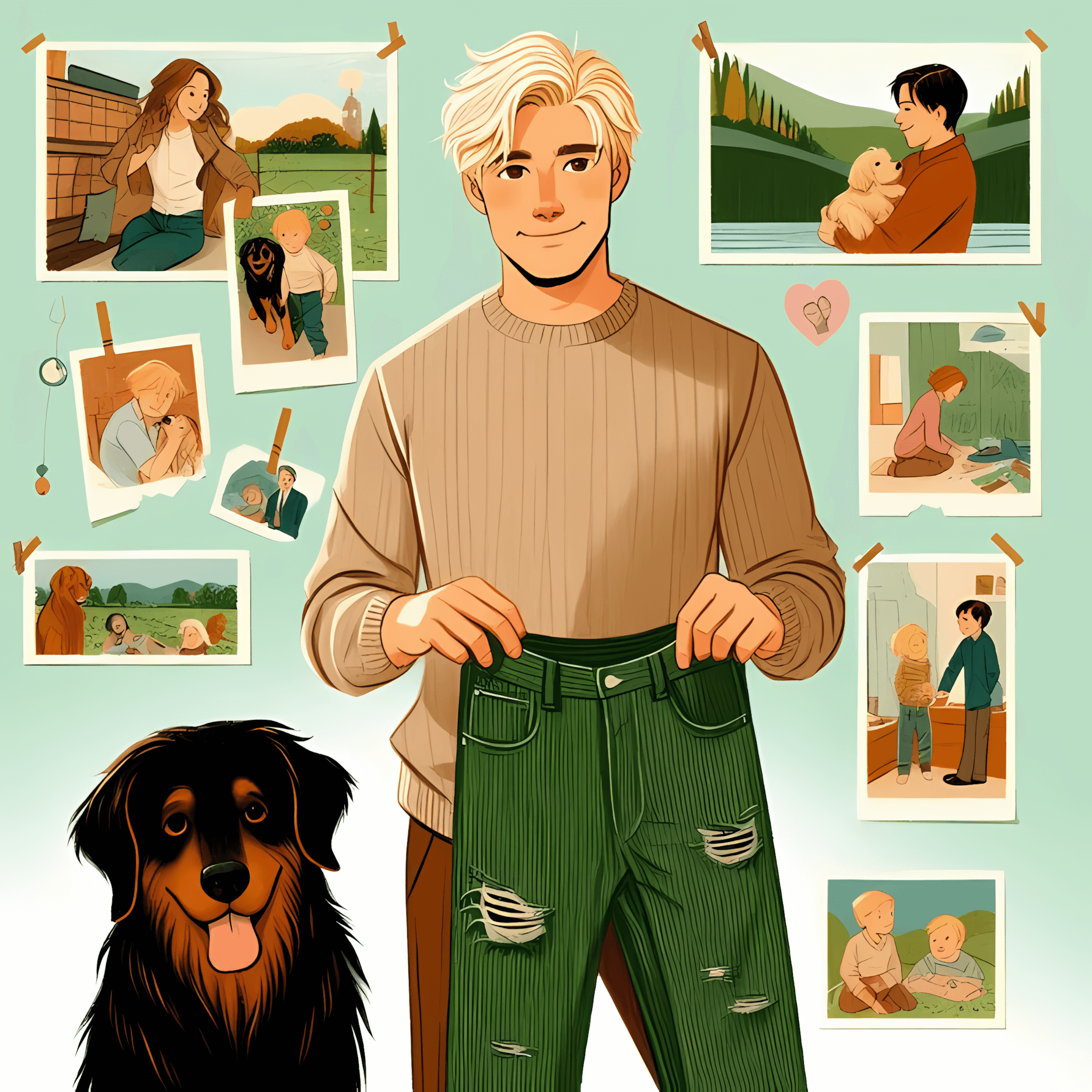 Adult Leo holding cherished green corduroy pants nostalgically with Little Buddy dog, remembering childhood adventures
