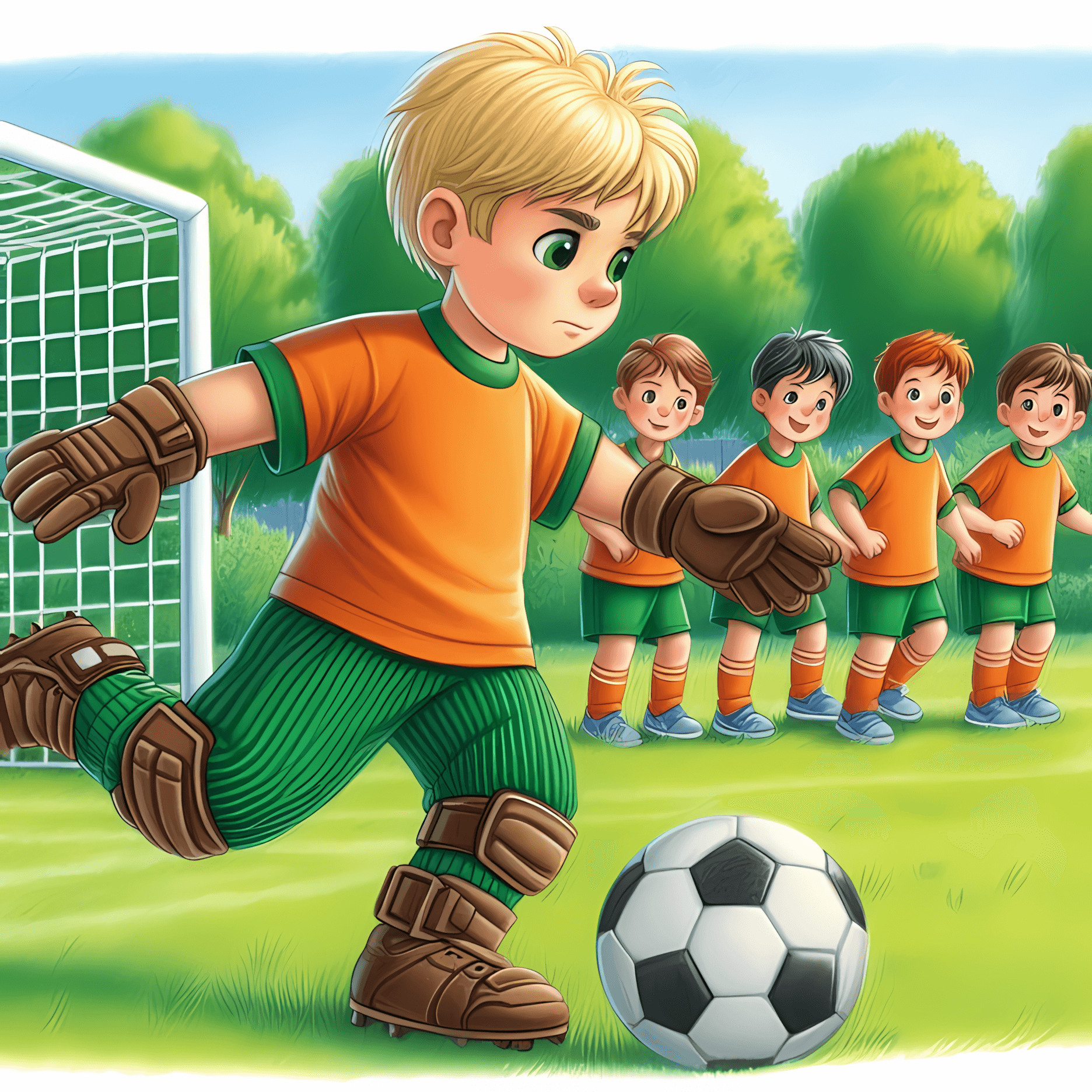 Leo in green corduroy pants as soccer goalie, making brave saves while teammates cheer enthusiastically
