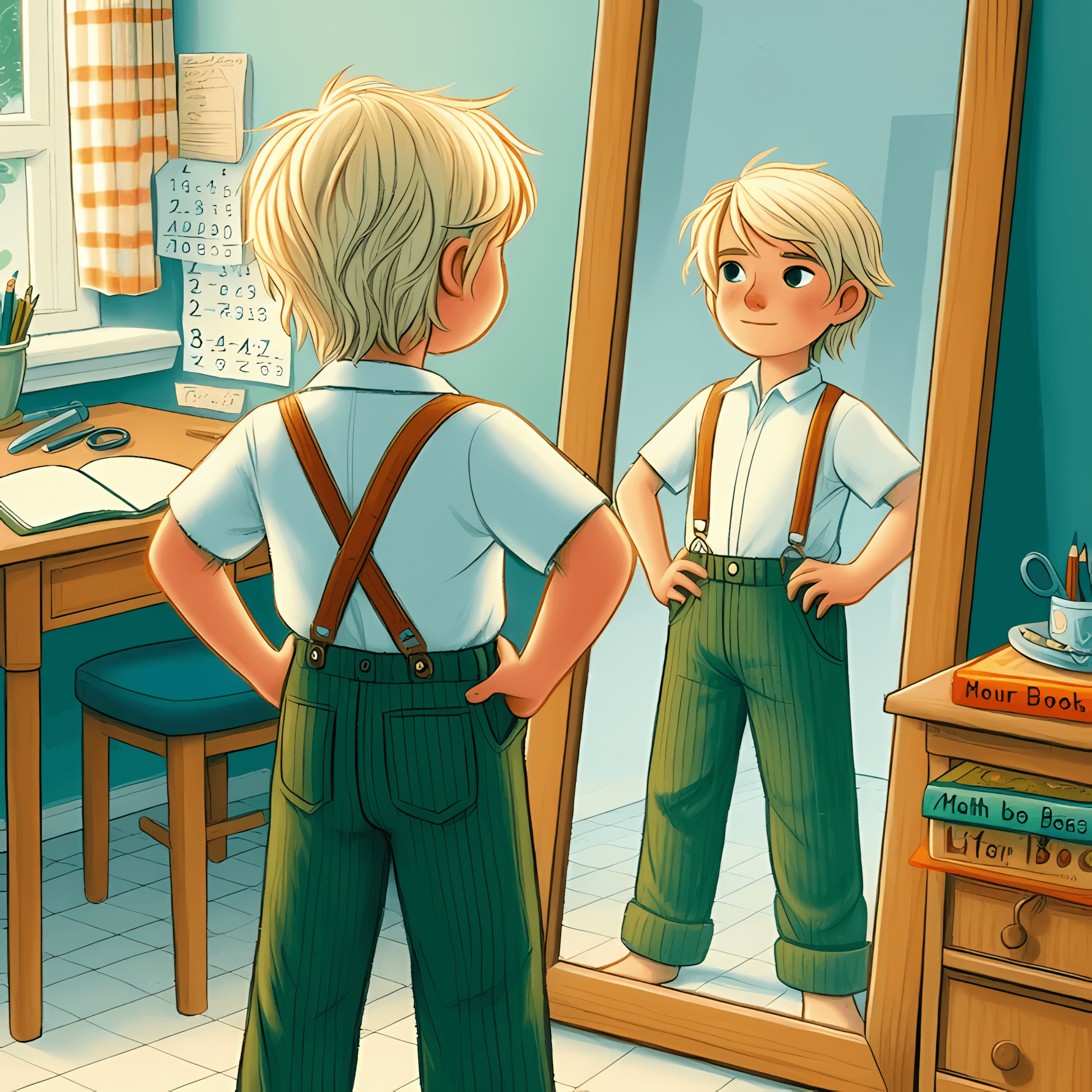 Boy Leo in green corduroy pants looking at mirror reflection with determined expression before school test